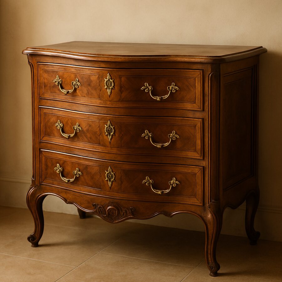 Belle commode ancienne en noyer restaurée, poignées en laiton