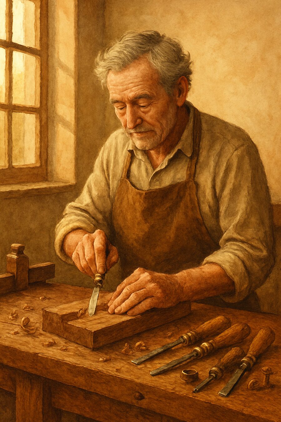 Illustration d'un ébéniste âgé travaillant le bois à l'établi