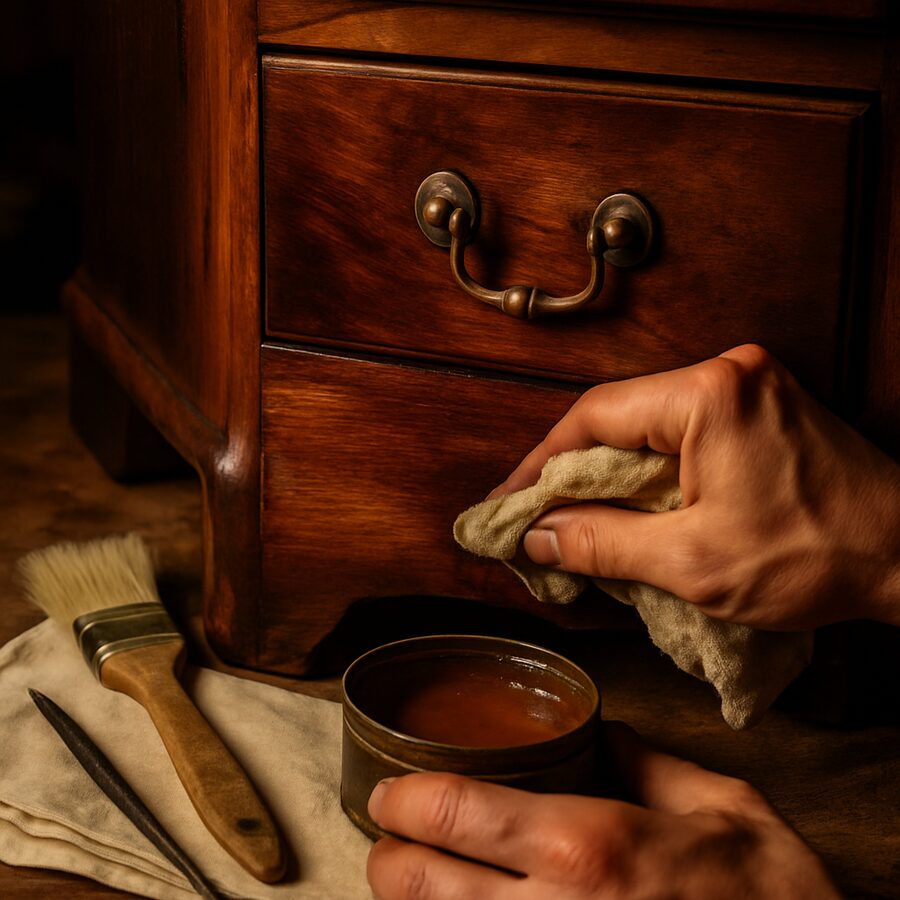 Restauration d'un meuble en noyer, application d'une finition à la main